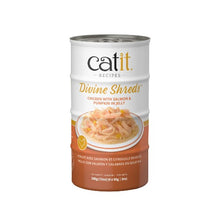 Load image into Gallery viewer, Garnitures Catit Divine Shreds - Poulet avec saumon et citrouille en gelée - 4 x conserves de 85 gr
