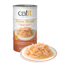 Load image into Gallery viewer, Garnitures Catit Divine Shreds - Poulet avec saumon et citrouille en gelée - 4 x conserves de 85 gr
