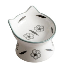 Charger l&#39;image dans la galerie, Dexypaws Bol surélevé en céramique pour chat 7 oz, Blanc avec imprimé de fleurs blanches et noires
