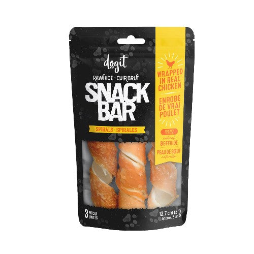 Dogit Gâteries Snack Bar - Spirales de peau de bœuf enrobées de poulet - 12,7 cm - Paquet de 3