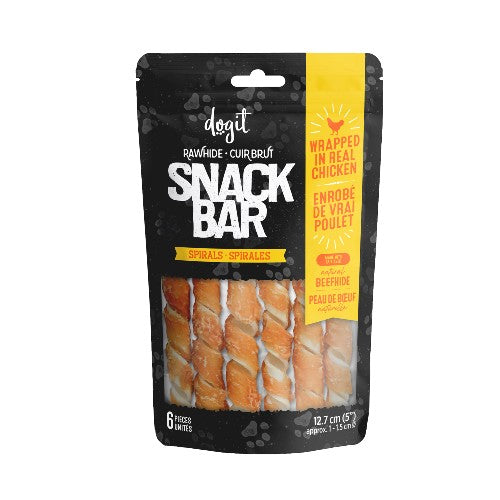 Dogit Gâteries Snack Bar - Spirales de peau de bœuf enrobées de poulet - 12,7 cm - Paquet de 6