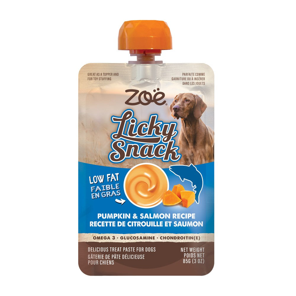 Gâterie à lécher Licky Snack Zoë - Citrouille et saumon - Sachet de 85 gr (3 oz)