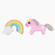 Charger l'image dans la galerie, Hugsmart "Meow Buddies" Jouet avec cachette à gâteries pour Chat - Duo licorne &amp; arc-en-ciel
