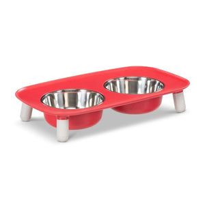 Messy Mutts Bol double surélevé avec pattes ajustables, Rouge