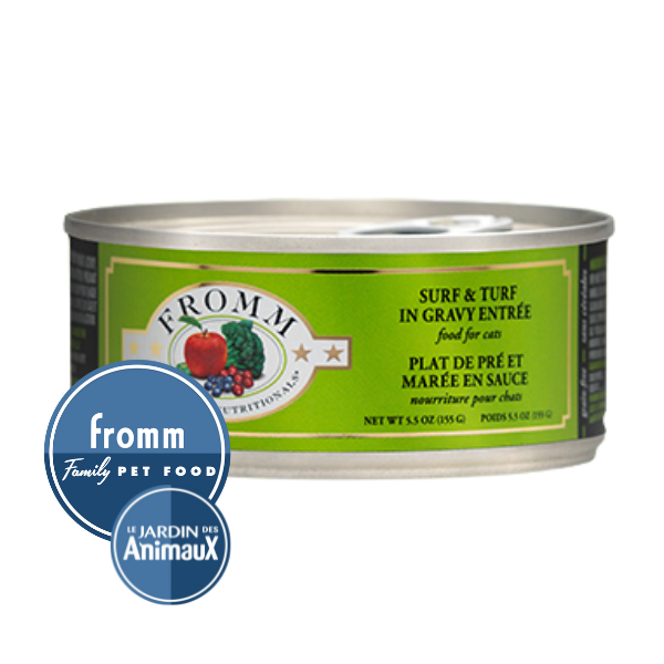 Conserve pour chat Fromm Four Star- Entrée Pré et Marée effilochée en sauce 5.5oz