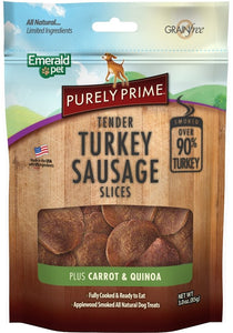 Tranches de saucisses moelleuses pour chien, Dinde carotte et quinoa, Purely Prime, Emerald Pet - Boutique Le Jardin Des Animaux -Gâterie pour chienBoutique Le Jardin Des AnimauxEMT00632